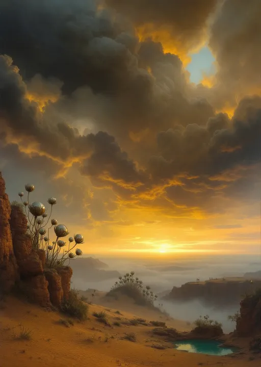 Prompt: Gigantic metal flowers enshrouded in mist and clouds growing up to the clouds sprouting from metal bulbs nestled on golden sand dunes .Sandy cliffs . Mist. A turquoise pond . The most striking element is the sky . Thick, billowing clouds stretch across the sky, heavy and textured with tones of grey, brown, and hints of blue. These clouds seem to part just enough to reveal a glowing band of soft, golden-yellow light near the horizon, suggesting either a sunrise or a sunset. This light gently spills across the landscape, casting a muted radiance that enhances the depth and mystery of the scene. The style of 19th-century realism.