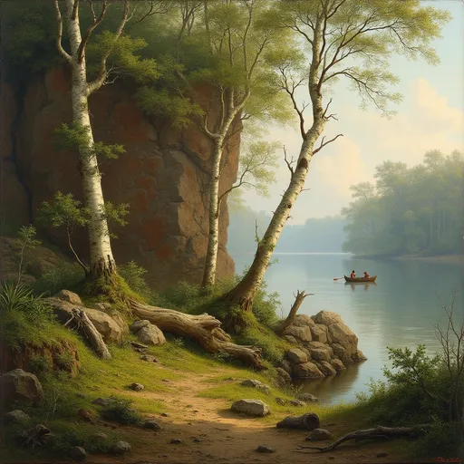 Prompt: A detailed and atmospheric landscape  likely in the style of 19th-century realism. The scene portrays a tranquil forested area with a rocky cliff, a calm body of water, and a soft, diffused light creating depth and warmth.
The foreground is rich with vegetation, including lush green grass, moss, and small plants growing among scattered rocks and fallen branches. There are a few slender birch trees with white, textured bark, their delicate trunks curving slightly as they reach upward. The ground appears slightly damp and shaded, with patches of sunlight filtering through the dense canopy of trees.
The middle of the landscape features a prominent rock formation—large, rugged cliffs with earthy tones of brown, gray, and hints of red. The rocks are partially covered with greenery, and some areas appear weathered or eroded. A fallen tree trunk rests against the rocks, adding a natural element of decay and renewal.
To the left, a break in the tree line opens to a calm lake or river. Two figures in a small wooden boat are paddling across the water, dressed in simple clothing. Their presence gives a sense of scale to the landscape and adds a human element to the otherwise untouched wilderness.
The background consists of a distant tree line bathed in soft, golden light, suggesting either early morning or late afternoon. The sky is painted with subtle hues of blue and light clouds, giving a serene and peaceful atmosphere. The trees in the distance are slightly blurred, adding a sense of depth and realism.