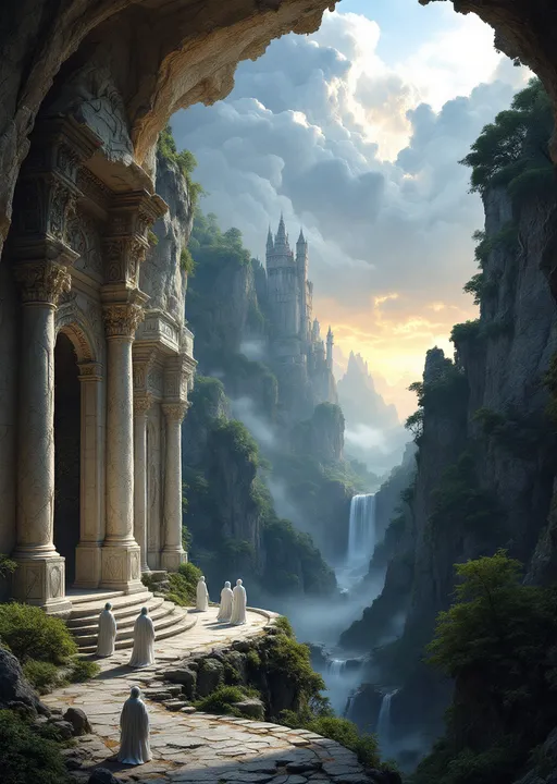 Prompt: The interior of a temple carved into a white stone huge cave with ornate columns and arches sculpted from the same white rock. White robed priests with white hair. The cave opens to a breathtaking view of rocky cliffs covered with an enchanted , mysterious, lush forest with gnarled, lush, magical trees with tangled web of roots emerging from the ground . In the distance a towering fairy tale style castle. Mist. Waterfalls. The most striking element is the sky . Thick, billowing clouds stretch across the sky, heavy and textured with tones of grey, brown, and hints of blue. These clouds seem to part just enough to reveal a glowing band of soft, golden-yellow light near the horizon, suggesting either a sunrise or a sunset. This light gently spills across the landscape, casting a muted radiance that enhances the depth and mystery of the scene. The style of 19th-century realism.