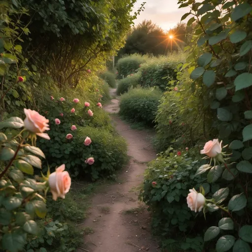 Prompt: a path through dense  vegetation, rose bushes, brambles lit by sunset