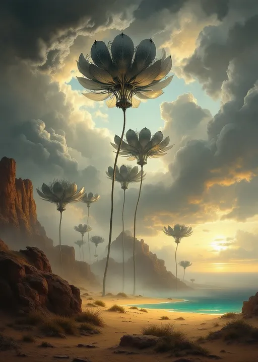 Prompt: Gigantic metal flowers enshrouded in mist and clouds growing up to the clouds sprouting from metal bulbs nestled on golden sand dunes .Sandy cliffs . Mist. A turquoise pond . The most striking element is the sky . Thick, billowing clouds stretch across the sky, heavy and textured with tones of grey, brown, and hints of blue. These clouds seem to part just enough to reveal a glowing band of soft, golden-yellow light near the horizon, suggesting either a sunrise or a sunset. This light gently spills across the landscape, casting a muted radiance that enhances the depth and mystery of the scene. The style of 19th-century realism.