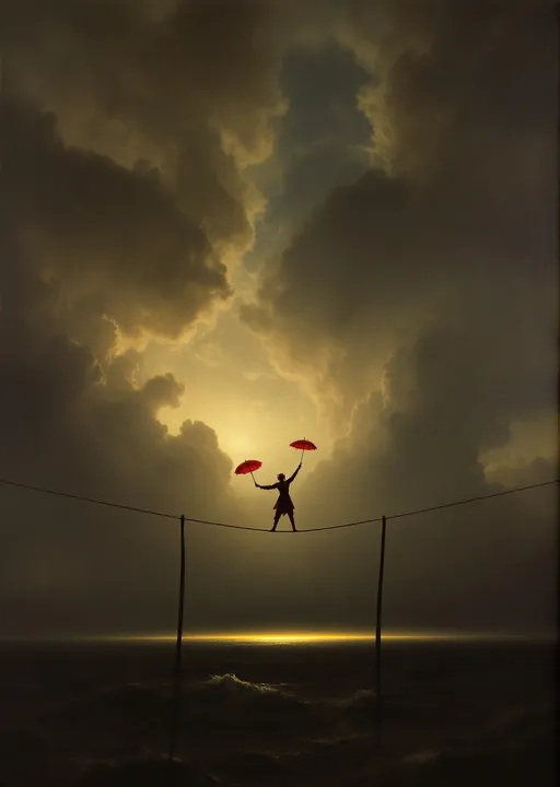 Prompt: A harlequin balancing with two red umbrellas on a tightrope strung between two poles above a stromy sea. The most striking element is the sky . Thick, billowing clouds stretch across the sky, heavy and textured with tones of grey, brown, and hints of blue. These clouds seem to part just enough to reveal a glowing band of soft, golden-yellow light near the horizon, suggesting either a sunrise or a sunset. This light gently spills across the landscape, casting a muted radiance that enhances the depth and mystery of the scene. The style of 19th-century realism .