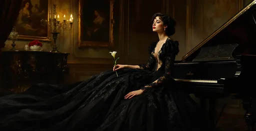Prompt: A painting in the style of 19th-century realism. A lady wearing a long, voluminous black gown adorned with delicate lace filigree sits in front of a grand piano. She has an elegant hairstyle and dark hair. In a gesture of sadness she leans forward with one arm fully extended across the piano keys her head resting gently on it . Between her fingers she holds a single white lily. A sumptuous, hazy salon with faded paintings on the walls. Dim light filtering through windows. The scene is intimate and melancholic. Dramatic shadows.