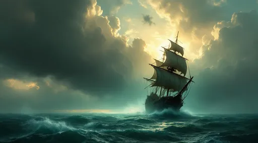 Prompt: A tilted galleon ghost ship with torn sails shrouded in mist navigating in the middle of stormy turquoise ocean. The most striking element is the sky . Thick, billowing clouds stretch across the sky, heavy and textured with tones of grey, brown, and hints of blue. These clouds seem to part just enough to reveal a glowing band of soft, golden-yellow light near the horizon, suggesting either a sunrise or a sunset. This light gently spills across the landscape, casting a muted radiance that enhances the depth and mystery of the scene. The style of 19th-century realism.