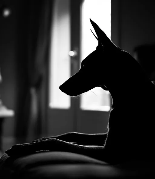 Prompt: A close-up with the profile silhouette, contre-jour of a Doberman lying stretched out on a divan. In the background the blurred image of a tall and very narrow window that lets in a faint, moody light. Dramatic lighting. Dramatic shadows. Black and white.