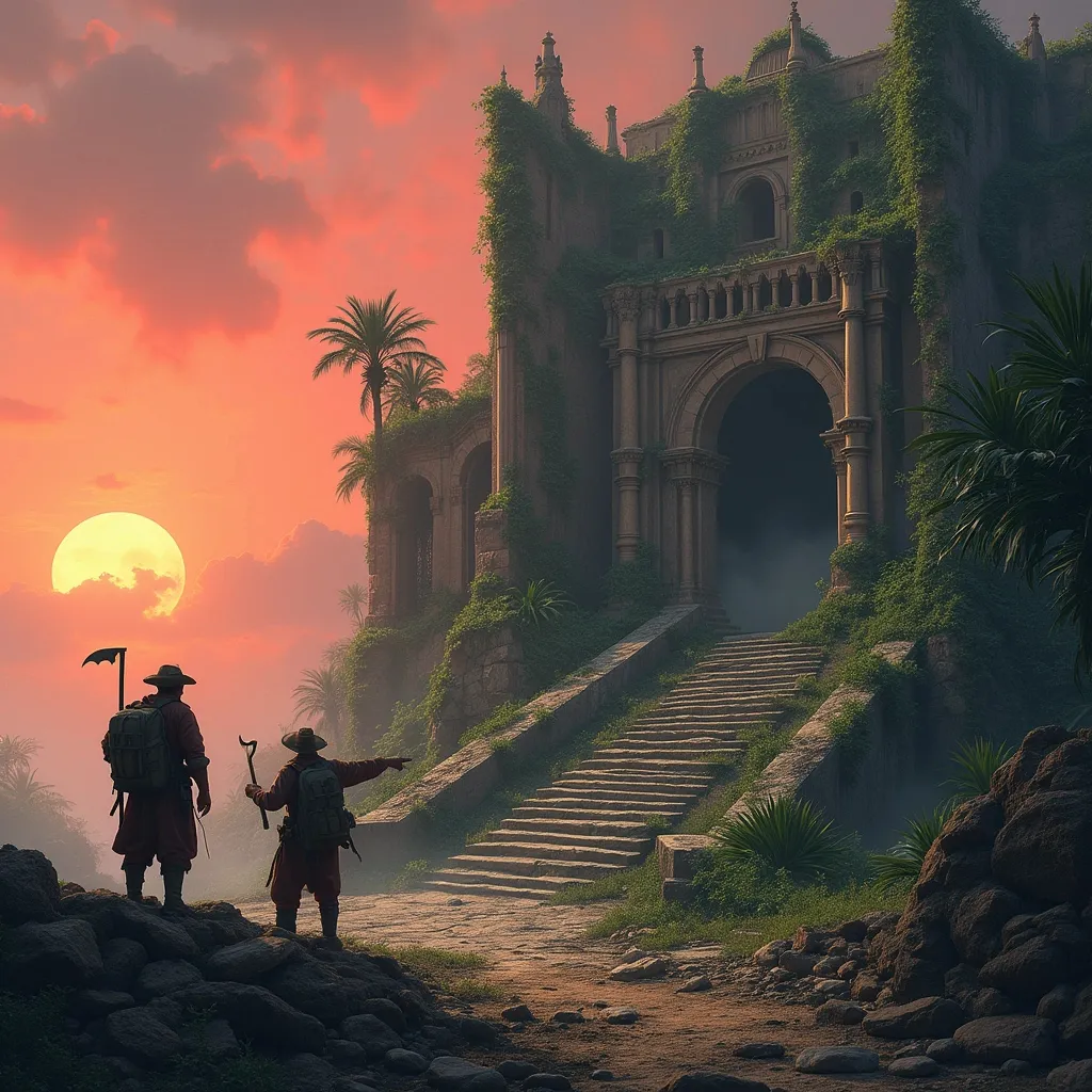 Prompt: A vast, ruined structure resembling the remains of an ancient gothic cathedral covered in lush tropical plants stands atop a mound of shattered rocks and debris . The remains of a gothic staircase with columns , ornate balustrades and arches against the crimson hues of the setting sun . Palms , tropical plants . Muted, redish light of the setting sun . Two explorators from 1800's with ice picks and backpacks are depicted at the base of the structure one pointing or gesturing .  Mist. Sunrays