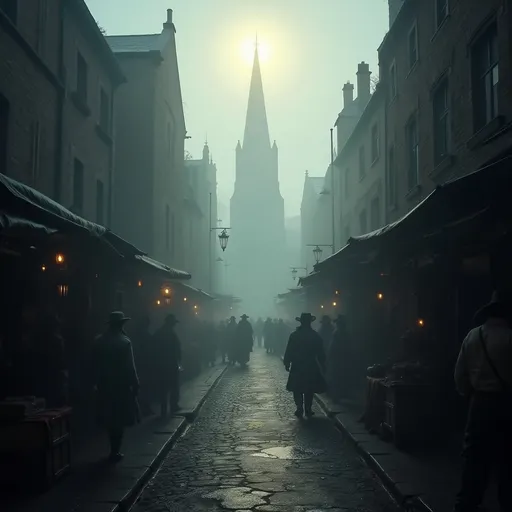 Prompt: A narrow , foggy and grimy 17th-century London street lined with drunken revelers and market stalls where vendors sell their goods . At the end of the street stands an old church its silhouette barely visible through the mist . The sun casts a soft , diffused light through the thick fog adding an eerie yet atmospheric glow to the scene