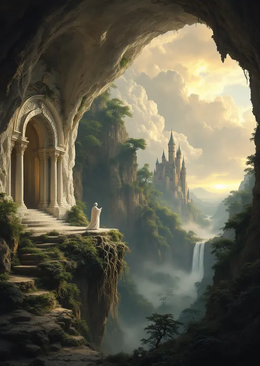 Prompt: The interior of a temple carved into a white stone huge cave with ornate columns and arches sculpted from the same white rock. White robed priests with white hair. The cave opens to a breathtaking view of rocky cliffs covered with an enchanted , mysterious, lush forest with gnarled, lush, magical trees with tangled web of roots emerging from the ground . In the distance a towering fairy tale style castle. Mist. Waterfalls. The most striking element is the sky . Thick, billowing clouds stretch across the sky, heavy and textured with tones of grey, brown, and hints of blue. These clouds seem to part just enough to reveal a glowing band of soft, golden-yellow light near the horizon, suggesting either a sunrise or a sunset. This light gently spills across the landscape, casting a muted radiance that enhances the depth and mystery of the scene. The style of 19th-century realism.