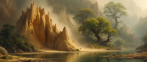 Prompt: A painting in the style of 19th-century realism. Sandy, pointy, flared, eroded cliffs. Mist. Massive, gnarled, lush trees.
A green river.
