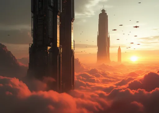 Prompt: An impressive sci-fi landscape dominated by colossal towering megastructures rising above a sea of reddish-orange-pink wind-smeared clouds . The sun positioned near the horizon casts a diffuse and warm light creating an enigmatic atmosphere with golden and reddish tones in the dense air . In the foreground a massive, towering , imposing , sleek and thin building rises near the edge of the image. Its surface is covered with complex metallic structures, panels and industrial details suggesting an advanced vertical metropolis. The edges are sharp and the architectural details are minimalist yet functional evoking a cyberpunk or futuristic brutalist style . In the background two other colossal thin megastructures emerge from the smeared atmospheric haze offering a sense of depth and vastness . Thin lines enhance the feeling of advanced technology . In the sky swarms of small spacecrafts fly in precise formation indicating an extremely organized and technologically superior civilization . Overall the scene conveys an atmosphere of isolation but also technological grandeur . Reddish-orange-pink wind-smeared mist . Sunset.