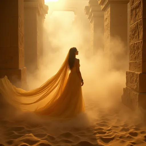 Prompt: Swirling sand vortices giving birth to an Egyptian princess in veils  in a setting filled with Egyptian ruins . Mist . Golden sunlight
