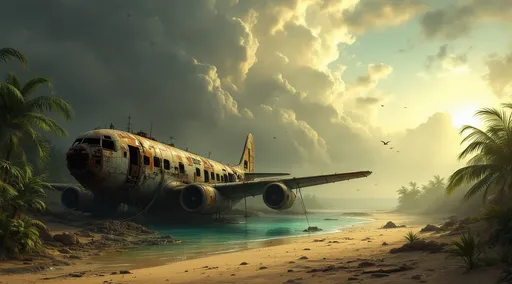 Prompt: A small, rusted, post-apocalyptic seaplane constructed from salvaged scraps, sheet metal and rope partially buried in sand dunes with faded paint and corroded surfaces evoking a sense of desolation and survival. A turquoise lake. Lush tropical plants and palms. Mist. Birds flying in the sky. The most striking element is the sky . Thick, billowing clouds stretch across the sky, heavy and textured with tones of grey, brown, and hints of blue. These clouds seem to part just enough to reveal a glowing band of soft, golden-yellow light near the horizon, suggesting either a sunrise or a sunset. This light gently spills across the landscape, casting a muted radiance that enhances the depth and mystery of the scene. The style of 19th-century realism.