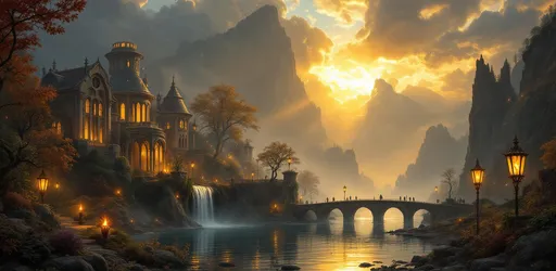 Prompt: A painting in the style of 19th-century realism. An elven city at dusk with candlelit windows on a lake shore. Burning torches are mounted on the stone walls casting warm, flickering light and long shadows. Intricately designed buildings with curved rooftops, large arched windows and columns. An elegant bridge with arches with lit lanterns on poles decorated with intricately wrought iron ornaments their warm glow illuminating the water. Mist. Lush, gnarled trees in autumn colors. Tall, jagged rocky cliffs covered in lush, gnarled trees in autumn colors. Waterfalls.  The most striking element is the sky. Thick, billowing clouds stretch across the sky, heavy and textured with tones of grey, brown, and hints of blue. These clouds seem to part just enough to reveal a glowing band of soft, golden-yellow light near the horizon, suggesting either a sunrise or a sunset. This light gently spills across the landscape, casting a muted radiance that enhances the depth and mystery of the scene. Shafts of sunlight.