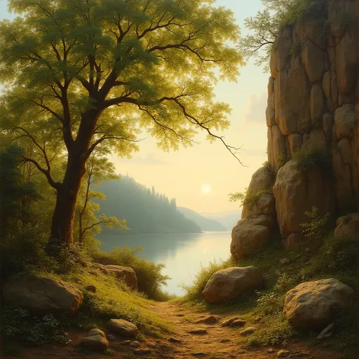 Prompt: A stunning landscape, likely in  the style of 19th-century realism. The scene is bathed in warm, golden light, possibly depicting either early morning or late afternoon. The composition is dominated by a large, leafy tree standing near a rocky cliff. The tree’s foliage is lush and green, with sunlight filtering through the leaves, casting a dappled glow on the ground below. The tree’s branches spread out widely, giving a sense of vitality and movement.
To the right, the painting features a rugged rock formation, with large, weathered boulders stacked upon each other. The rocks have earthy tones of brown and gray, with some patches of moss or vegetation growing in the crevices. Their rough texture contrasts beautifully with the soft, delicate leaves of the tree beside them.
In the foreground, the ground is uneven, covered with grass, moss, and scattered stones. A small, barely noticeable path appears to lead deeper into the landscape, inviting the viewer into the scene. Twigs, fallen branches, and other natural elements are scattered across the forest floor, adding to the realism of the painting.
The background reveals a tranquil body of water, possibly a river or a lake, reflecting the golden light of the sky. The far shore is lined with dense forest, whose dark green hues gradually fade into the misty horizon. The sky itself is a soft, pale blue, with no visible clouds, suggesting a calm and serene atmosphere.
Overall, the painting captures the essence of untouched nature, portraying a peaceful yet dynamic landscape. The balance between light and shadow, the rich details, and the harmony between the different elements create a truly immersive scene.
