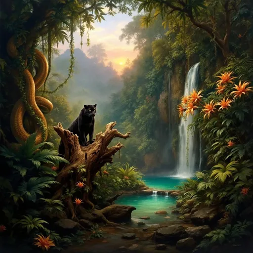 Prompt: Deep jungle. Lush tropical plants and palms. Vines draped on branches. Mist. On the left side of the image a large python tightly coiled around a thick, gnarled branch. A black panther on a fallen, rotten tree stump. A small waterfall. A turquoise pool. Rocks. Bird of paradise flowers. Sunset filters through the dense foliage. A painting in the style of 19th-century realism. 