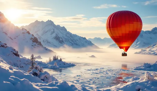 Prompt: A hot air balloon of red color flying over snow covered mountains . Mist. A frozen lake . Sunlight