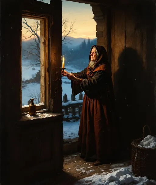 Prompt: A painting in the Baroque style. An old, medieval maid wearing thick, layered skirts and a leather hood holds by the handle a small candlestick with a burning candle in it as she opens the worn wooden door of a dark medieval peasant's house . Through the half-open door the outside winter landscape is visible with snow covering the ground in the blue fading twilight while the wind blows snow inside the house .
