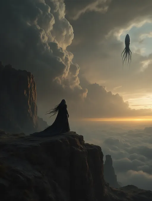 Prompt: An extraterrestrial humanoid warrior on a rocky cliff. A squid like extraterrestrial spaceship in the sky . Storm clouds .
The most striking element is the sky  . Thick, billowing clouds stretch across the sky, heavy and textured with tones of grey, brown, and hints of blue. These clouds seem to part just enough to reveal a glowing band of soft, golden-yellow light near the horizon, suggesting either a sunrise or a sunset. This light gently spills across the landscape, casting a muted radiance that enhances the depth and mystery of the scene.




