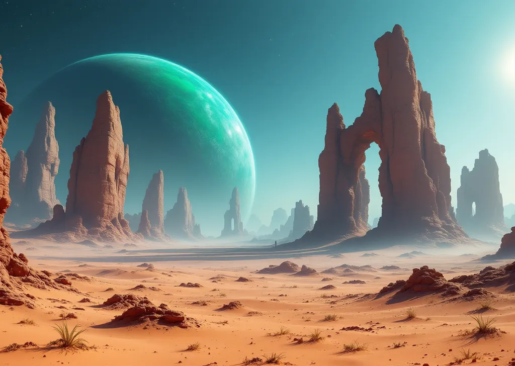 Prompt: A vast desert of sand dunes . Scattered , solitary , twisted , strange, tall, arched,  brown , portal rocks . A giant, ringed, gaseous, green planet with huge satellites barely visible in the misty blue sky. Mist. Sunlight.