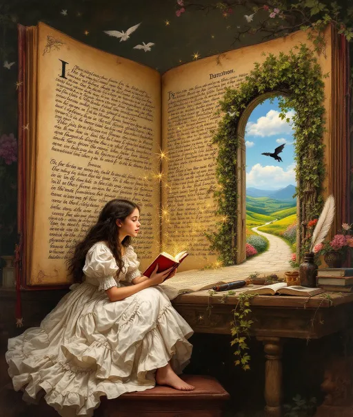 Prompt: A painting in the style of 19th-century realism. A fantastical, surreal scene combining elements of reading, imagination and fantasy .
In the foreground there is a giant open book placed upright on a giant table with thick, aged pages covered in medieval-style script. The book appears to be a portal to another world. On the book's right side one of its pages transforms into a magical doorway framed with green vines. Through this doorway, a bright, vivid landscape is visible: rolling green hills, a clear blue sky and a black dragon flying in the distance. A stone path leads into this world with flowers and carved wooden statues along the way.
Leaning against the open book at the bottom left of the open book sits a young girl in a flowing white dress with puffed sleeves and multiple ruffled layers. She has long, dark hair and is reading a small red book seemingly lost in its pages. Golden sparks emerge from her book and enter the doorway. Around the scene, on the table are several old-fashioned objects suggesting a writer's desk : a quill pen in an inkwell , some rolled parchments, a lit oil lamp casting a warm glow and a pocket watch. The table is stained and worn adding a sense of age and mystery.
The entire composition conveys the idea that books are magical portals to other worlds where imagination brings to life fantastical places full of adventure, wonder and mythic creatures.
