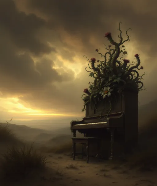 Prompt: A painting in the style of 19th-century realism. An old upright piano bursting with thorny and slimy plant tentacles, poisonous flowers , twisting , slimy vines and dark vegetal tendrils in a dark, abandoned Victorian parlor. Misty sand dunes. The most striking element is the sky . Thick, billowing clouds stretch across the sky, heavy and textured with tones of grey, brown, and hints of blue. These clouds seem to part just enough to reveal a glowing band of soft, golden-yellow light near the horizon, suggesting either a sunrise or a sunset. This light gently spills across the landscape, casting a muted radiance that enhances the depth and mystery of the scene. A painting in the style of 19th-century realism.