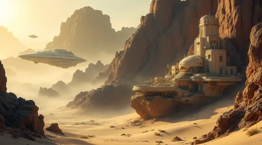 Prompt: Sand dunes . Sci-fi buildings  perched on rocky cliffs . Hovering ships in the air . Mist . Golden sunlight



