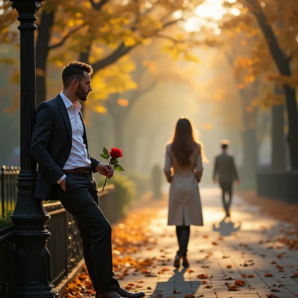 Prompt: A handsome man in a suit and white shirt holding a rose is leaning against a clock in a park . In the blurred distance a long haired woman ( his date ) in a cream trench coat is approaching on the sidewalk with her hands in her pockets . The trees are adorned with autumn colors , withered leaves on the ground , golden sunlight , mist