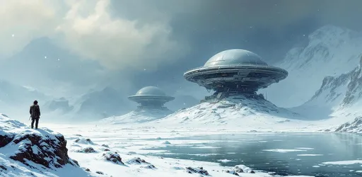 Prompt: A painting in the style of 19th-century realism. A sci-fi metallic structure on a frozen planet its base partially buried and covered by windswept snow. Harsh blizzard conditions. Snowy cliffs. An icy lake. Fog and snow particles in the air.