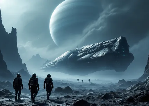 Prompt: In the left side of the image we can see three individuals wearing a combination of a samurai armor and a hockey suit space suits and helmets with lights walk through a dark , alien landscape filled with jagged, contorted rocks . In the right side of the image , in the distance , masked by jagged rocks we can see a crashed , massive,  covered in mist, asymmetrical , wishbone-shaped , alien , sci-fi , biomechanical looking spacecraft with a thickened central section set between two prong-like structures partially illuminated by the bluish, faint light of the distant sun . The dim , blue light of the distant sun casts an eerie glow . Mist and vapor rises from the ground . A massive ringed planet with its satellites dominates the sky . Giant , menacing , dark clouds looming omniously above the landscape , shadowy tendrils emerging from the clouds threatening to engulf the ship , dramatic lighting casting sinister shadows , cold and eerie ambiance . Tension filled scene . The overall scene is reminiscent of the visual style films like Alien . The lighting and shadows contribute to an omnious , foreboding mood suggesting an abandoned or otherworldy setting . Blue stormy clouds . Blue mist .