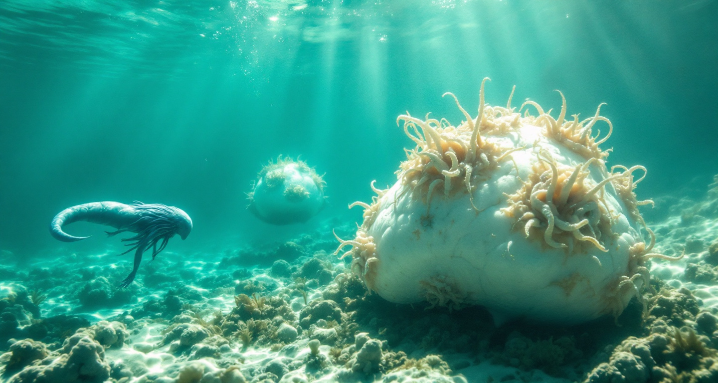Prompt: White extraterrestrial cocoons covered in crustacean and algae resting on the floor of a shallow turquoise sea . A blue humanoid , aquatic extraterrestrial with tantacles instead of hair is diving toward the cocoons .Blue mist.  Sunrays.