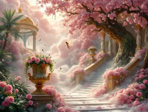 Prompt: A painting in the style of 19th-century realism. A surreal, ethereal, misty garden immersed in a blanket of frozen pink clouds lit by sunlight. The cloud sea is shimmering, crystallized and glowing softly. Sunlight. Shafts of sunlight. Delicate wisps and tendrils of frozen vapor rise from the cloud blanket. A gazebo richly decorated with  gold shaped like intricate filigree featuring delicate curls and lace-like metalwork. Lush tropical plants and palms. A lush, gnarled, massive tree with pink blossoms. Richly ornate floral urns, weathered, chipped and cracked suggesting age and decay. The urns are filled with some wilted, drooping flowers. Some delicate silvery branches and leaves spill out from it. A few small birds perched on the edge of the urns. Statues. Grand staircases with ornate weathered stone railings. Frozen pink roses. Columns and arches. A fairy with delicate , fluttering wings hovering above releasing a trail of glowing magical dust. The atmosphere is silent and otherworldly with pale silver-blue tones.