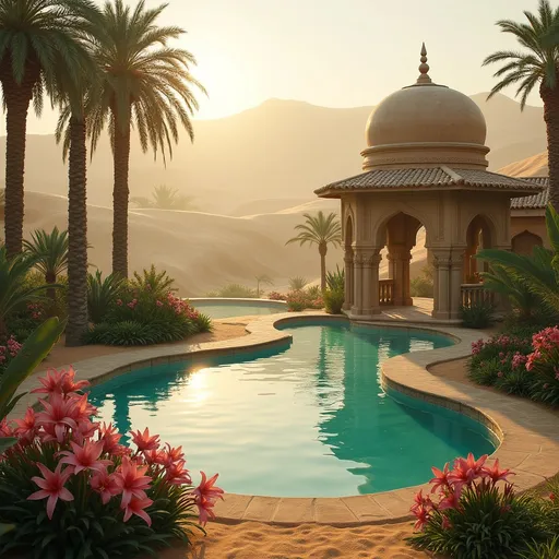 Prompt: Sand dunes and an oasis with palm trees , lush tropical plants and flowers , pink lilies , a turquoise pond and an ornate arabian gazebo . Golden sunlight . Mist .