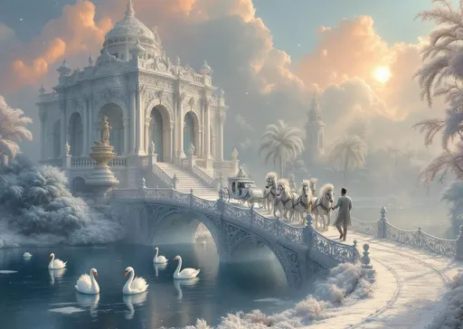 Prompt: A painting in the style of 19th-century realism. An ornate ice suspension bridge covered in delicate filigree patterns stretches gracefully over a frozen lake where five white swans float. In the background rises a magnificent and sumptuous white palace adorned with intricate filigree featuring tall, arched windows embellished with ornamental tracery, majestic ornate columns and grand staircases with elaborate stone railings. A misty garden with lush tropical plants and palms covered in frost with statues. A weathered fountain with a statue. Crossing the bridge is an elegant white carriage richly decorated with filigree pulled by four majestic white horses wearing white ostrich feather plumes on their foreheads. A coachman is holding the reins. Dense mist. Puffy pink clouds. Sunlight. Ethereal and magic atmosphere, subtle frost particles