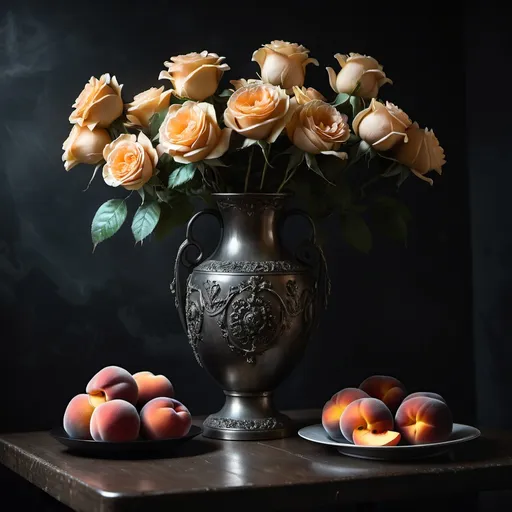 Prompt: a decorated metal vase with roses on a table in a dark room . Some peaches are placed on the table too