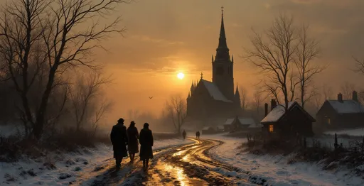 Prompt: A moody, atmospheric winter scene at dusk in the style of 19th-century realism . The landscape is covered in snow, with bare trees lining a winding, muddy path that reflects the faint golden light of the setting (or rising) sun. The sky is painted in warm, muted tones of orange, gray, and soft pink, with the sun hanging low and surrounded by thin, wispy clouds, creating a melancholic yet beautiful ambiance.

Three peasants figures walk down the muddy, snow-edged path, their dark coats heavy against the cold. Their backs are turned to the viewer, emphasizing a sense of journey or departure. Their silhouettes are strong against the lighter trail, and their shadows stretch behind them, illuminated by the reflection of the dim sunlight on the wet ground.

On the right side of the composition, slightly elevated, there are several houses and cottages, their windows glowing warmly with orange light, suggesting life inside against the cold outside. A large, imposing church or cathedral, topped with a tall dome and a cross, dominates the middle ground. Its dark, almost silhouette-like structure blends into the misty surroundings, adding to the mysterious and slightly somber atmosphere.

The left side is framed by tall, skeletal trees, their leafless branches stretching toward the moody sky, creating a dramatic contrast. The foreground is filled with uneven, rocky terrain, patches of snow, and a few rustic fences, adding to the rugged, rural feel of the scene.

Overall, the image conveys a strong feeling of quietude, hardship, and introspection, typical of a remote winter village setting, beautifully balanced between the warm promise of shelter and the cold reality of the landscape.

