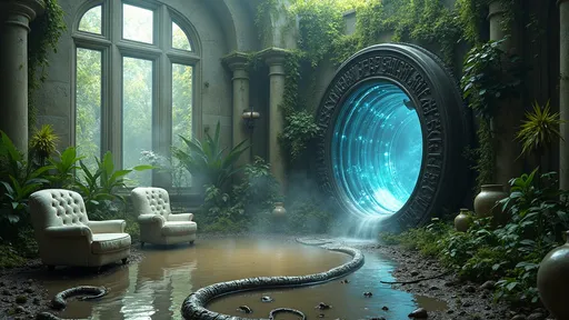 Prompt: A lateral perspective with a portal to another dimension placed in a muddy puddle . Lush, alien carnivorous plants  and coiled by its frame . Mist .The portal has a round, monolithic black frame engraved with alien inscriptions and symbols. At its center a swirling energy vortex radiates with glowing electric discharges . Slimy tentacles emerging from the portal . A somptuous white parlor with elegant white-upholstered parlor chairs, flower, vases and tall windows with a missing wall that opens/blends with an extraterrestrial lush jungle. 