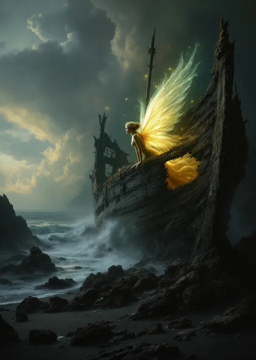 Prompt: A glowing fairy with delicate wings radiating light trapped between the rotten blackened ribs of a wrecked ship stranded on a beach of volcanic black sand . Mystical atmosphere. Mist . Stormy clouds. Stormy sea. The style of 19th-century realism .