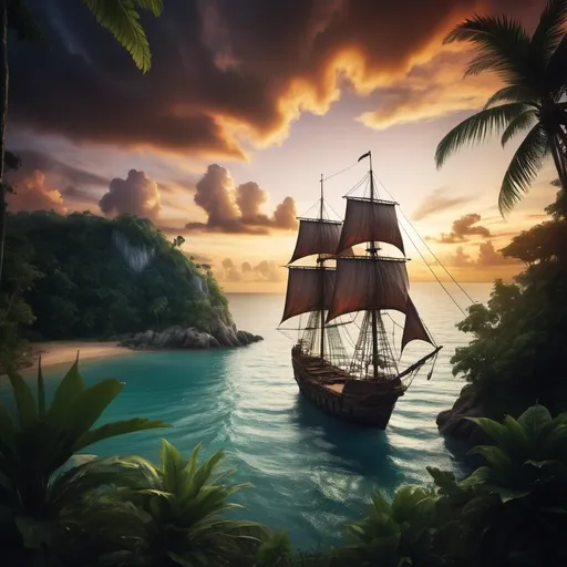 Prompt: a view from a tropical forest to the sea., a caravel in a bay  , lit by sunset . dramatic sky