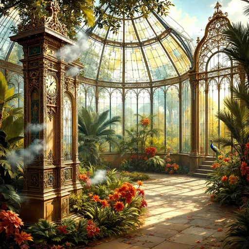 Prompt: A painting in the style of 19th-century realism. A  huge Victorian greenhouse with ornate stained glass panels embedded into richly decorated wrought iron frames shaped like intricate filigree featuring delicate curls and lace-like metalwork. On the left a tall steampunk pedestal made of wrought iron heavily ornamented with Victorian details. Embedded within the pedestal is a steam-powered clock with visible pipes, pressure valves and faint clouds of steam escaping creating an elegant fusion of Art Nouveau filigree and steampunk machinery. Lush tropical planta and palms. A peacock with its tail fully spread open in a circular fan. Birds of paradise with long, orange tails and rich plumage. Sunlight. Lyre birds with long tails perched on branches.