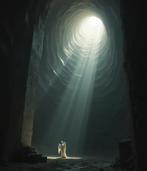 Prompt: Inside a vast, dark industrial chimney where light barely penetrates an angel ascends from the shadows toward the light .