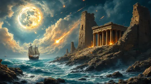 Prompt: Ruined temples of Atlantis perched on rocky cliffs under a meteor shower. Flaming meteors crashing and exploding. Crumbled and shattered stone columns . Meteors strike the ocean creating massive water splashes . Ancient sail ships floating on the stormy ocean. Stormy clouds . A broken , destroyed, fragmented moon looms in the sky.