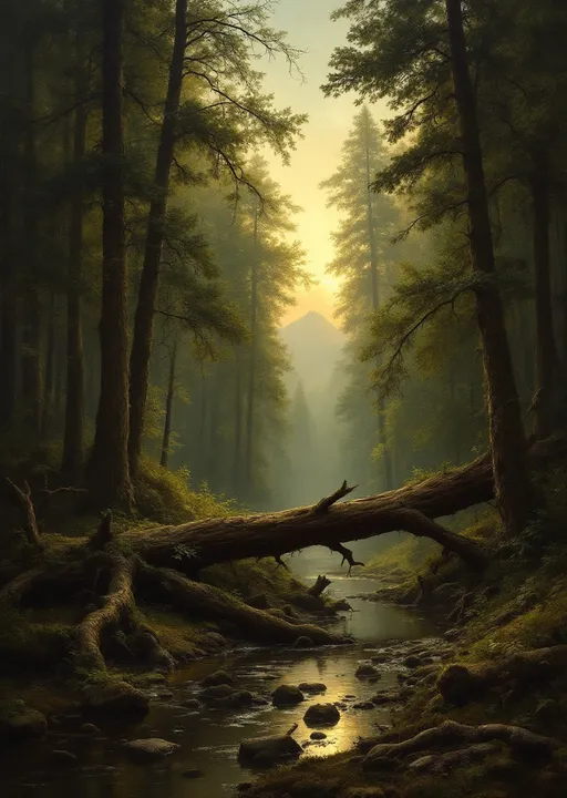 Prompt: A dense forest landscape in the style of 19th-century realism characterized by its emphasis on nature’s grandeur and mystery.
The scene captures a serene and somewhat mystical forest scene at dawn or dusk, with a soft golden light filtering through the tall, dense trees. The focal point is a shallow stream that flows gently through the forest, reflecting the light of the sky above. A fallen tree lies across the stream, forming a natural bridge and adding a sense of age and untouched wilderness to the setting.

The forest is lush and thick, with a variety of towering trees that stretch up toward the sky. The trunks are detailed with textured bark, and the leaves are depicted in various shades of green, indicating depth and the presence of both light and shadow. The light source, presumably the rising or setting sun, bathes the scene in a warm, golden hue, especially in the central background, where the trees thin out slightly to reveal distant foliage and possibly the silhouette of a mountain.

In the foreground, there are several gnarled and broken tree trunks and branches, adding a wild, untamed quality to the scene. Moss and undergrowth cover the forest floor, suggesting a long-standing ecosystem untouched by human presence. The fallen trees, twisted roots, and natural debris enhance the realism and drama of the composition.

The sky is visible through the canopy, glowing in a soft yellow tone that contrasts beautifully with the dark greens and browns of the forest. The transition between the illuminated sky and the darker forest depths draws the viewer's eye into the scene, creating a sense of depth and inviting exploration.

Overall, the image evokes a sense of tranquility, majesty, and the sublime beauty of untouched nature. The artist has masterfully used light, shadow, and intricate detail to bring the forest to life, emphasizing both its peacefulness and its powerful, mysterious atmosphere.