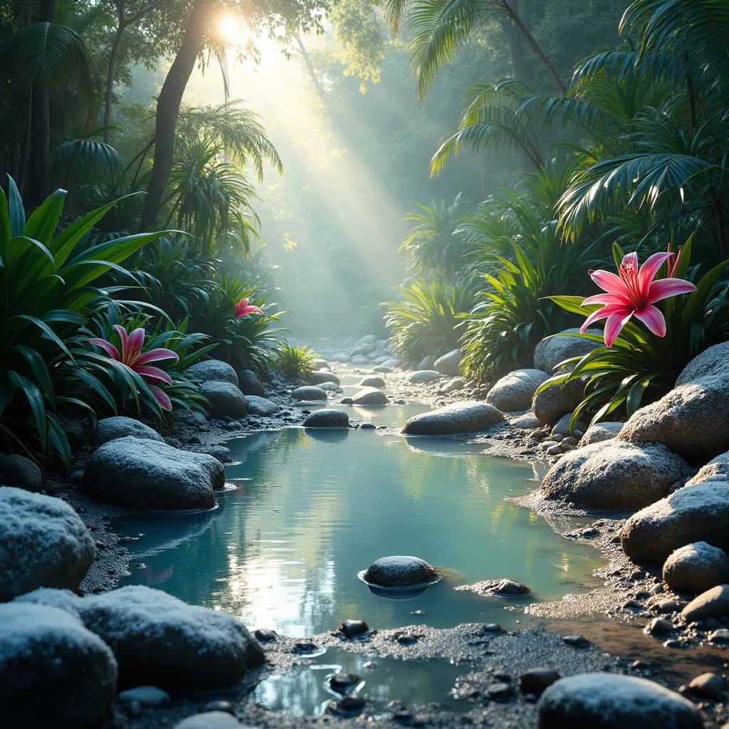 Prompt: A puddle surrounded by rocks covered in frost and snow. Lush, tropical jungle with palms, ficuses , philodendrons , tropical flowers , orchids, pink lilies  . A frozen puddle of water . Mist. Sunlight .