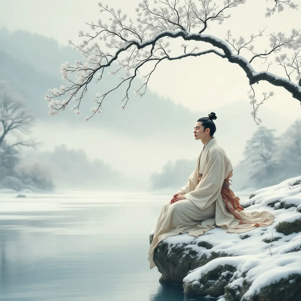 Prompt: A japanese scholar man meditating by a calm, misty , partially frozen river . The man dressed in flowing japanese robes having his hair tied in a small topknot sits peacefully on a snow-covered rock under a gracefully arching, snowy, blossomed peach tree . The scene is enveloped in soft mist with lush greenery and distant trees fading into the background . Rocks in water . The scene captures a timeless moment of contemplation and nature's beauty . Overcast sky .