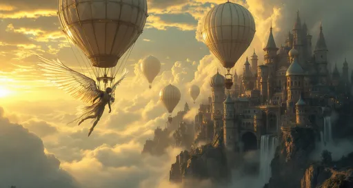 Prompt: A close-up on a flying man with wings made of metal feathers gliding through mist-shrouded towers of  steam-punk palaces perched on rocky cliffs. Intricate mechanical details, brass and copper elements. Above the palaces floats elongated montgolfier balloons tethered to the structures with thick ropes.Mist. Waterfalls . The most striking element is the sky . Thick, billowing clouds stretch across the sky, heavy and textured with tones of grey, brown, and hints of blue. These clouds seem to part just enough to reveal a glowing band of soft, golden-yellow light near the horizon, suggesting either a sunrise or a sunset. This light gently spills across the landscape, casting a muted radiance that enhances the depth and mystery of the scene. The style of 19th-century realism.