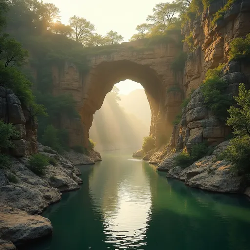 Prompt: A water hollowed sedimentary high rock in shape of a bridge , sandstone cliffs , 
banks of sedimentary rocks , a calm green river , thickets , mist  , golden sunlight