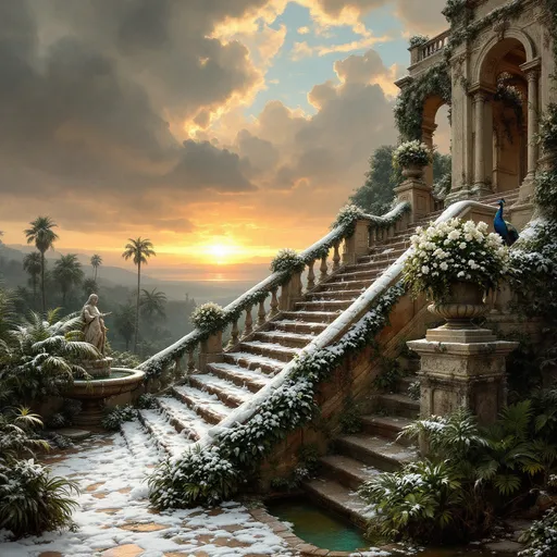 Prompt: A crumbling staircase of a ruined palace covered in snow .The staircase has ornate stone balustrades, decorated with stone urns filled with white flowers. Lush tropical plants coil around the pillars of the balustrades . MIst. A peacock stands gracefully on the steps. Lush tropical plants and palms . A ruined fountain with a statue covered in moss . A turquoise puddle. Frost and snow. The most striking element is the sky . Thick, billowing clouds stretch across the sky, heavy and textured with tones of grey, brown, and hints of blue. These clouds seem to part just enough to reveal a glowing band of soft, golden-yellow light near the horizon, suggesting either a sunrise or a sunset. This light gently spills across the landscape, casting a muted radiance that enhances the depth and mystery of the scene. The style of 19th-century realism.