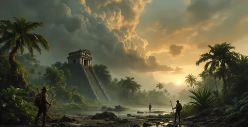 Prompt: A misty swamp deep in a lush tropical jungle . Massive, gnarled, lush tropical ficuses covered in vines . Tropical plants and palms . Steam . Ancient mayan temple ruins. Scattered stones and debris. Two men in 1800's explorer outfits with hats, ice picks and backpacks . The most striking element is the sky . Thick, billowing clouds stretch across the sky, heavy and textured with tones of grey, brown, and hints of blue. These clouds seem to part just enough to reveal a glowing band of soft, golden-yellow light near the horizon, suggesting either a sunrise or a sunset. This light gently spills across the landscape, casting a muted radiance that enhances the depth and mystery of the scene.. The style of 19th-century realism.