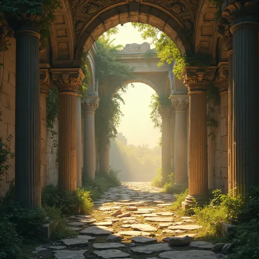 Prompt: The interior of a ruined palace corridor  invaded by vegetation , greek columns , ruined arched vaults through which the sky can be seen, broken statues , debris scattered on the floor ,vegetation, sunrays , mist , golden sun