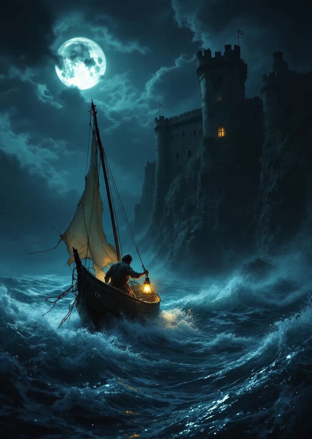 Prompt: A dramatic scene viewed from inside a small boat on a stormy sea at night. The boat has a torn sail and a glowing lantern casting light on a man wearing ragged clothes . The man holds onto a rope tightly as waves crash around him . Mist. The moon is hidden behind clouds creating a backlit sky with scattered clouds glowing faintly .
The boat heads toward a large rocky cliff where an old prison-fortress stands .The atmosphere is tense and chaotic with the sea and wind roaring around the boat .